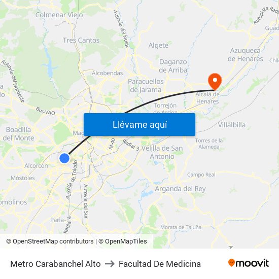 Metro Carabanchel Alto to Facultad De Medicina map