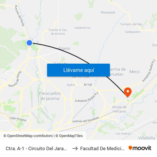 Ctra. A-1 - Circuito Del Jarama to Facultad De Medicina map