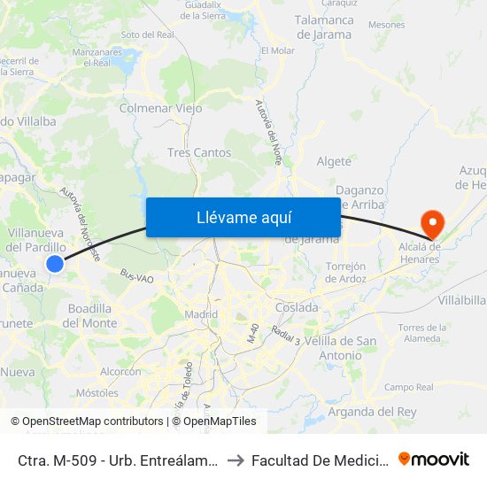 Ctra. M-509 - Urb. Entreálamos to Facultad De Medicina map