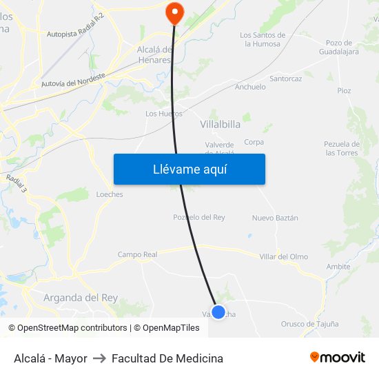 Alcalá - Mayor to Facultad De Medicina map