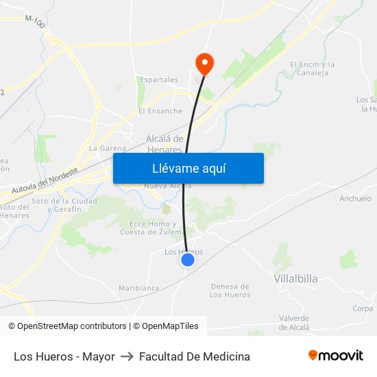 Los Hueros - Mayor to Facultad De Medicina map