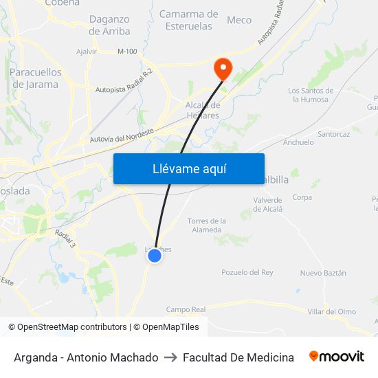 Arganda - Antonio Machado to Facultad De Medicina map