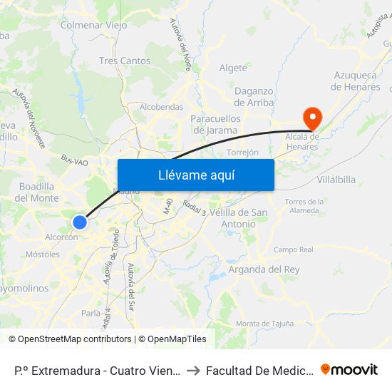 P.º Extremadura - Cuatro Vientos to Facultad De Medicina map