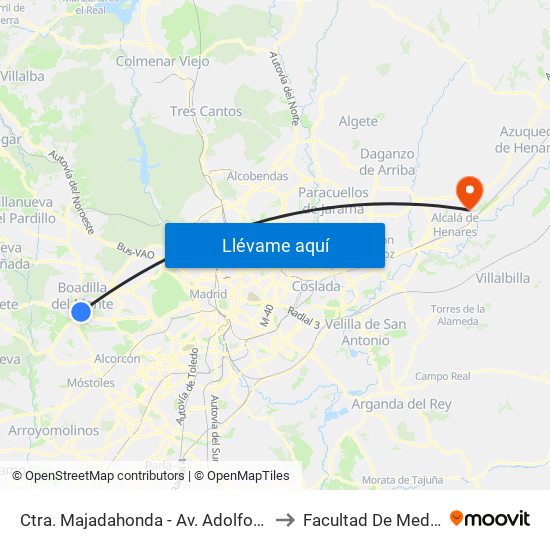 Ctra. Majadahonda - Av. Adolfo Suárez to Facultad De Medicina map