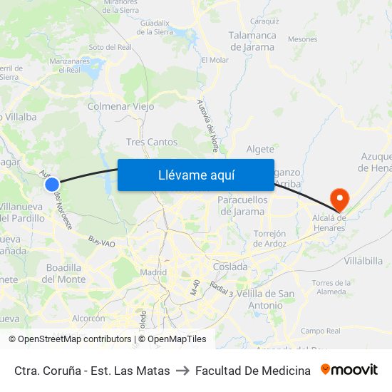 Ctra. Coruña - Est. Las Matas to Facultad De Medicina map