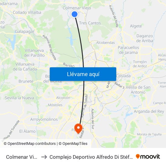 Colmenar Viejo to Complejo Deportivo Alfredo Di Stéfano map