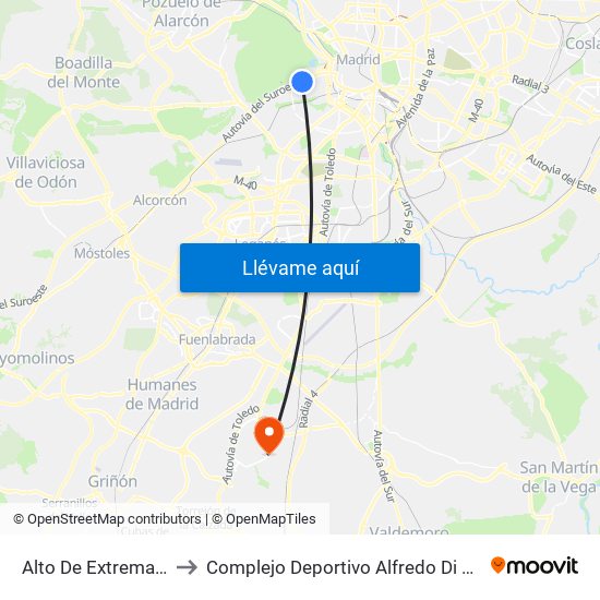 Alto De Extremadura to Complejo Deportivo Alfredo Di Stéfano map