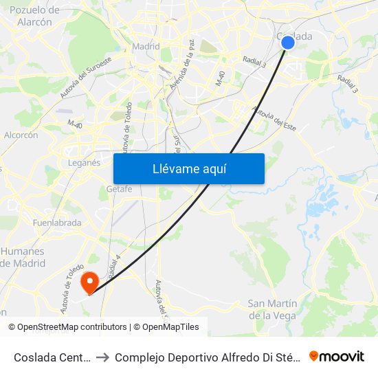 Coslada Central to Complejo Deportivo Alfredo Di Stéfano map