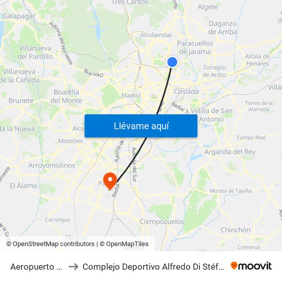 Aeropuerto T4 to Complejo Deportivo Alfredo Di Stéfano map