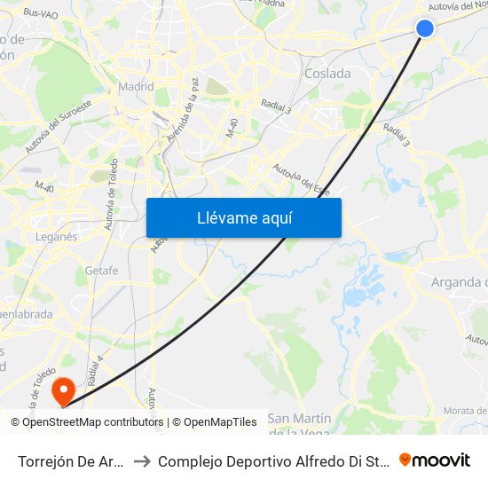 Torrejón De Ardoz to Complejo Deportivo Alfredo Di Stéfano map