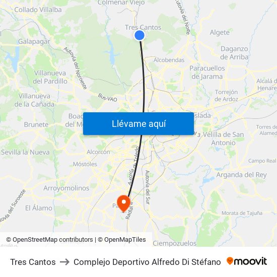 Tres Cantos to Complejo Deportivo Alfredo Di Stéfano map