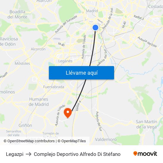Legazpi to Complejo Deportivo Alfredo Di Stéfano map