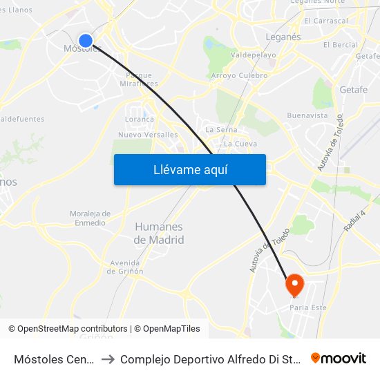 Móstoles Central to Complejo Deportivo Alfredo Di Stéfano map