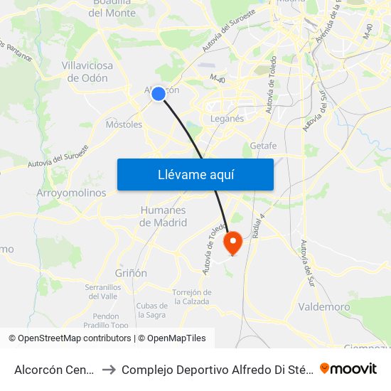 Alcorcón Central to Complejo Deportivo Alfredo Di Stéfano map