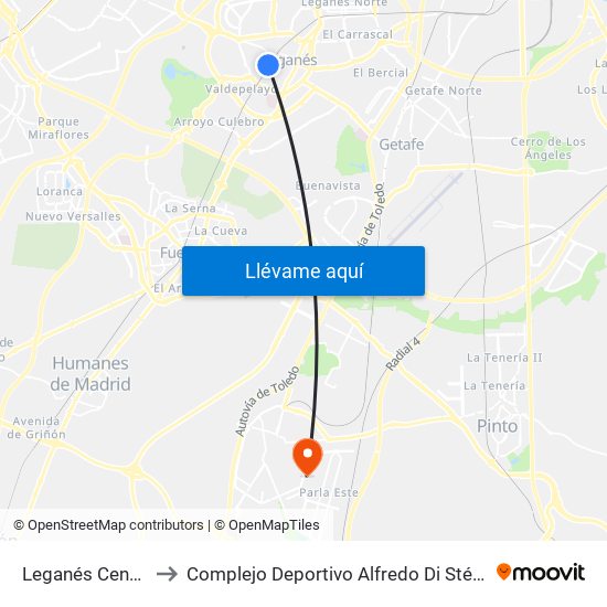 Leganés Central to Complejo Deportivo Alfredo Di Stéfano map