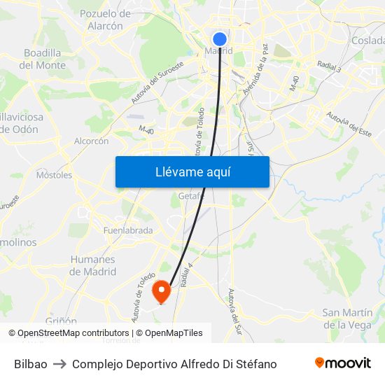 Bilbao to Complejo Deportivo Alfredo Di Stéfano map