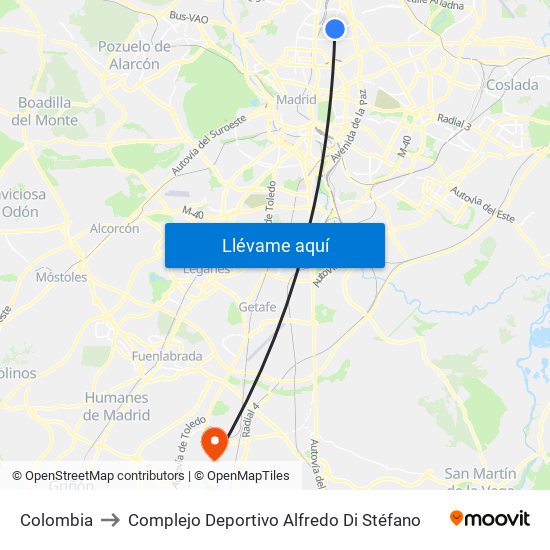 Colombia to Complejo Deportivo Alfredo Di Stéfano map