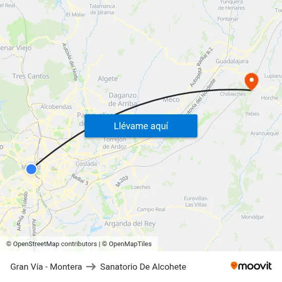 Gran Vía - Montera to Sanatorio De Alcohete map