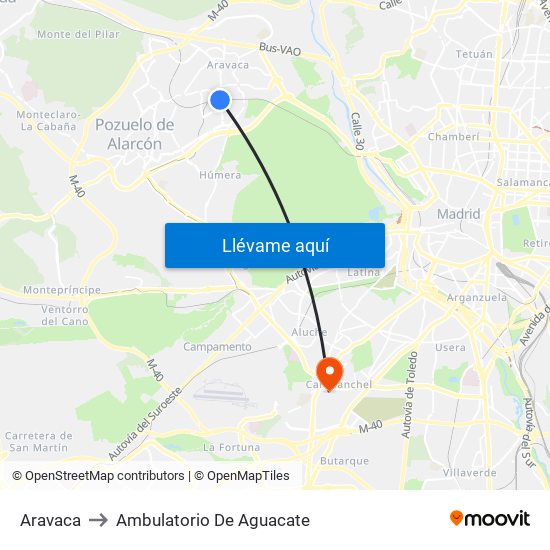 Aravaca to Ambulatorio De Aguacate map
