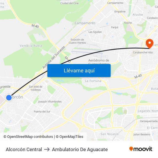 Alcorcón Central to Ambulatorio De Aguacate map