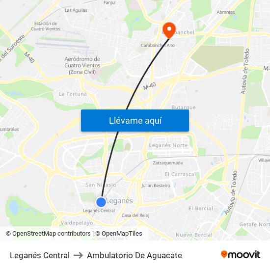 Leganés Central to Ambulatorio De Aguacate map