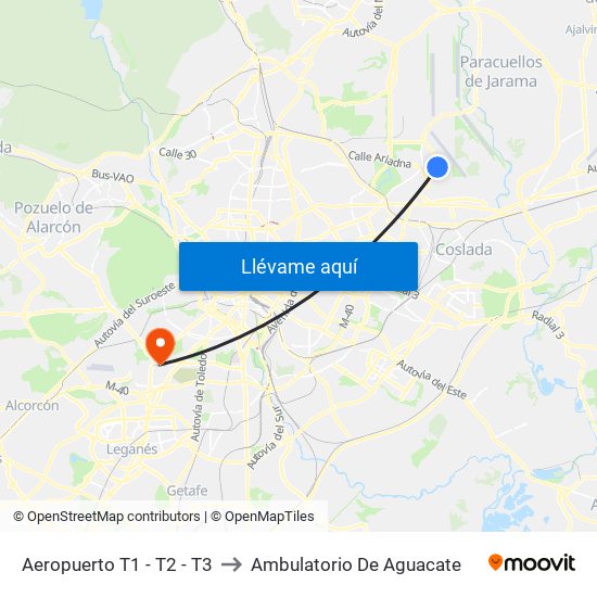 Aeropuerto T1 - T2 - T3 to Ambulatorio De Aguacate map