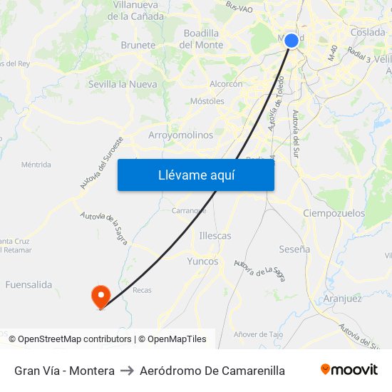 Gran Vía - Montera to Aeródromo De Camarenilla map