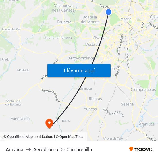 Aravaca to Aeródromo De Camarenilla map