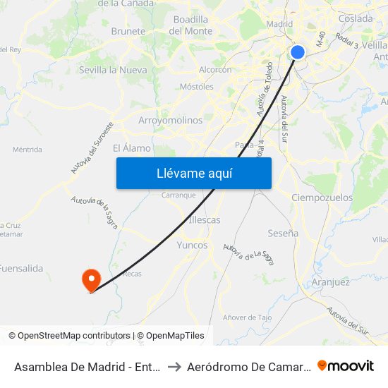 Asamblea De Madrid - Entrevías to Aeródromo De Camarenilla map