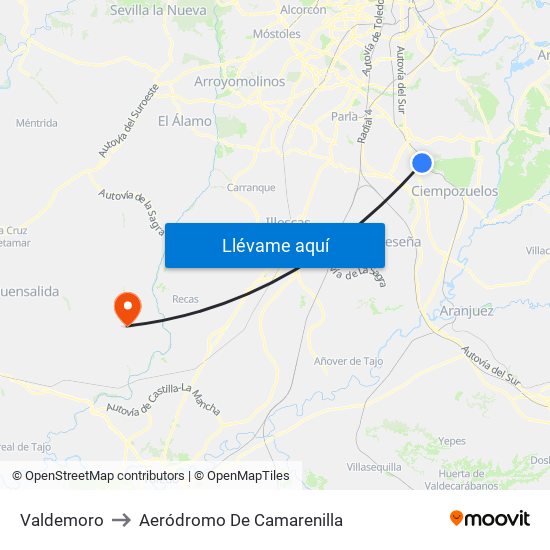 Valdemoro to Aeródromo De Camarenilla map