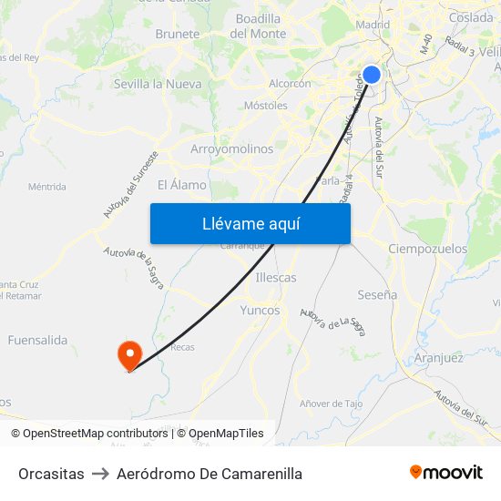 Orcasitas to Aeródromo De Camarenilla map