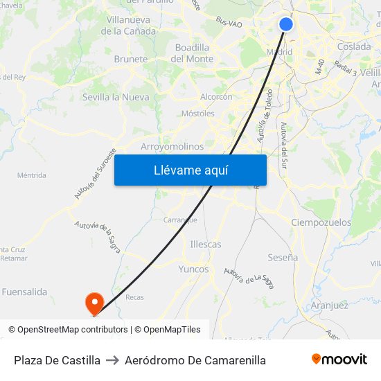 Plaza De Castilla to Aeródromo De Camarenilla map