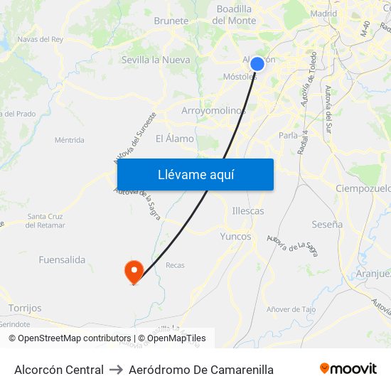 Alcorcón Central to Aeródromo De Camarenilla map