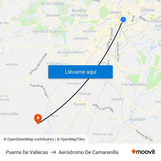 Puente De Vallecas to Aeródromo De Camarenilla map