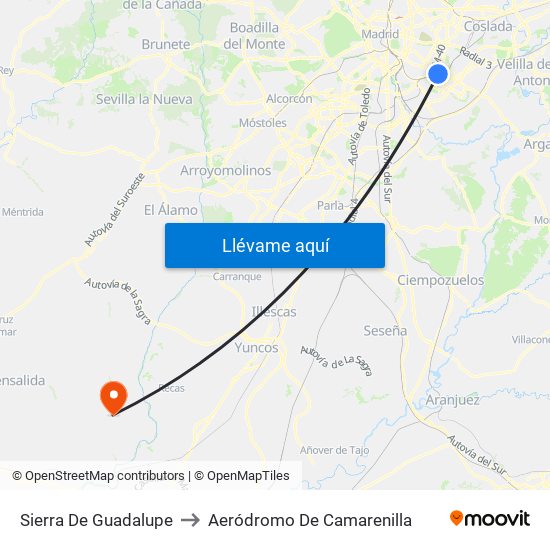 Sierra De Guadalupe to Aeródromo De Camarenilla map