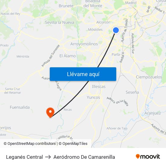 Leganés Central to Aeródromo De Camarenilla map