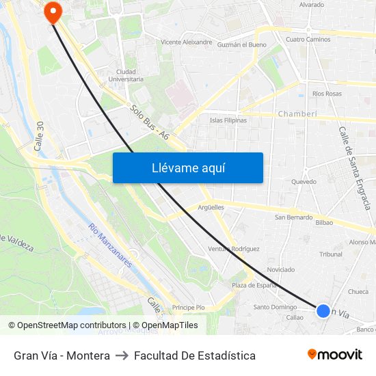 Gran Vía - Montera to Facultad De Estadística map