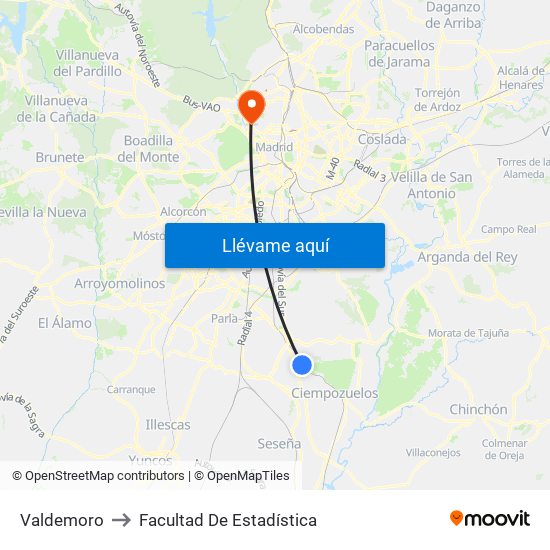 Valdemoro to Facultad De Estadística map