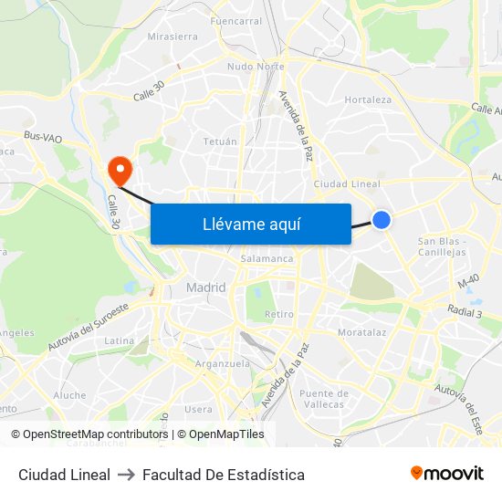 Ciudad Lineal to Facultad De Estadística map