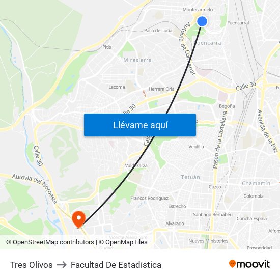 Tres Olivos to Facultad De Estadística map