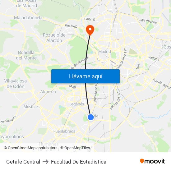 Getafe Central to Facultad De Estadística map