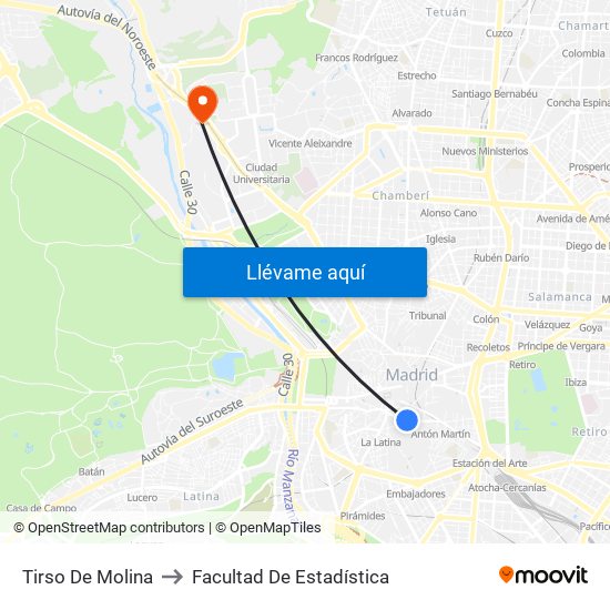 Tirso De Molina to Facultad De Estadística map