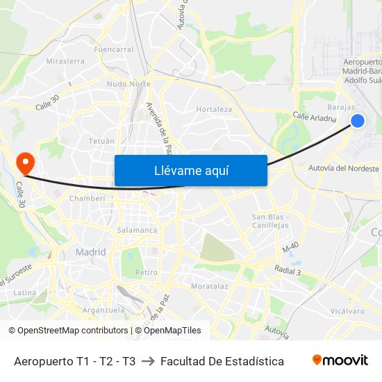 Aeropuerto T1 - T2 - T3 to Facultad De Estadística map