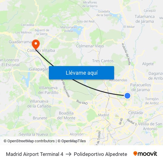 Madrid Airport Terminal 4 to Polideportivo Alpedrete map