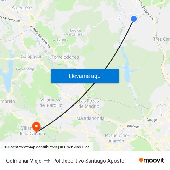 Colmenar Viejo to Polideportivo Santiago Apóstol map