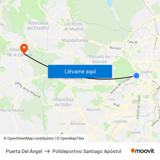Puerta Del Ángel to Polideportivo Santiago Apóstol map