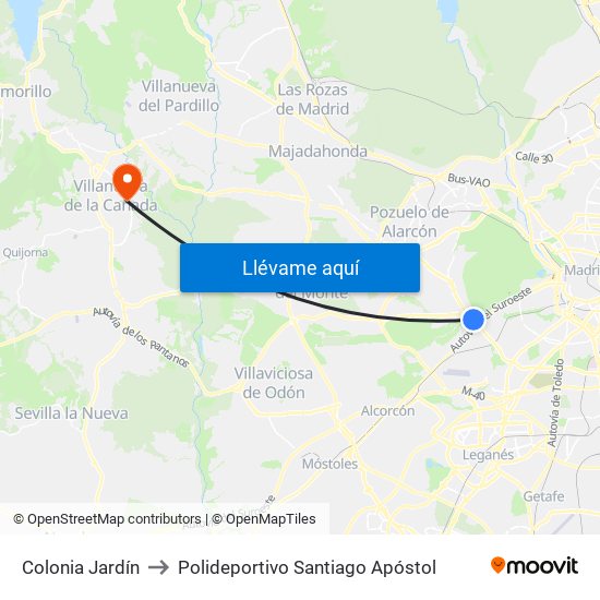 Colonia Jardín to Polideportivo Santiago Apóstol map
