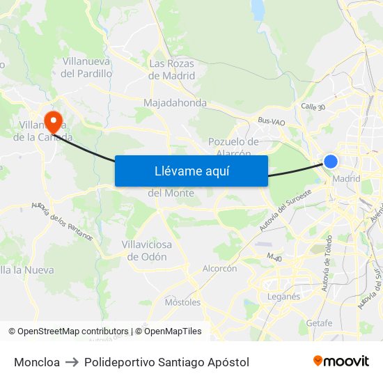 Moncloa to Polideportivo Santiago Apóstol map