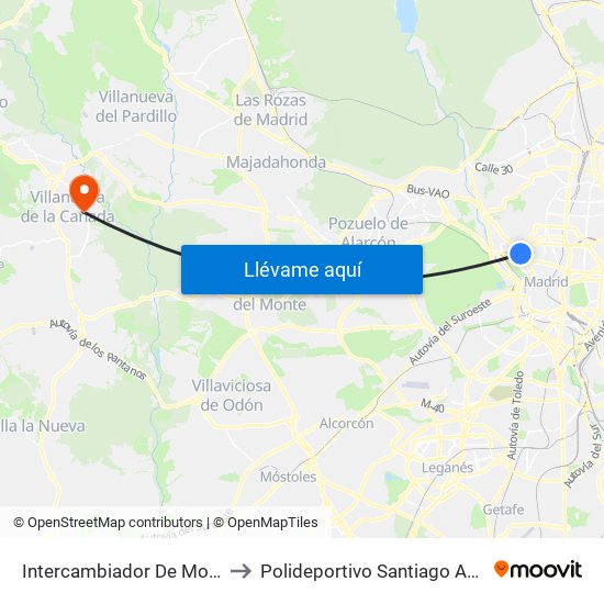 Intercambiador De Moncloa to Polideportivo Santiago Apóstol map