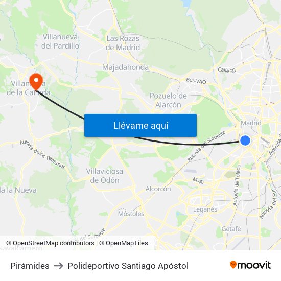 Pirámides to Polideportivo Santiago Apóstol map
